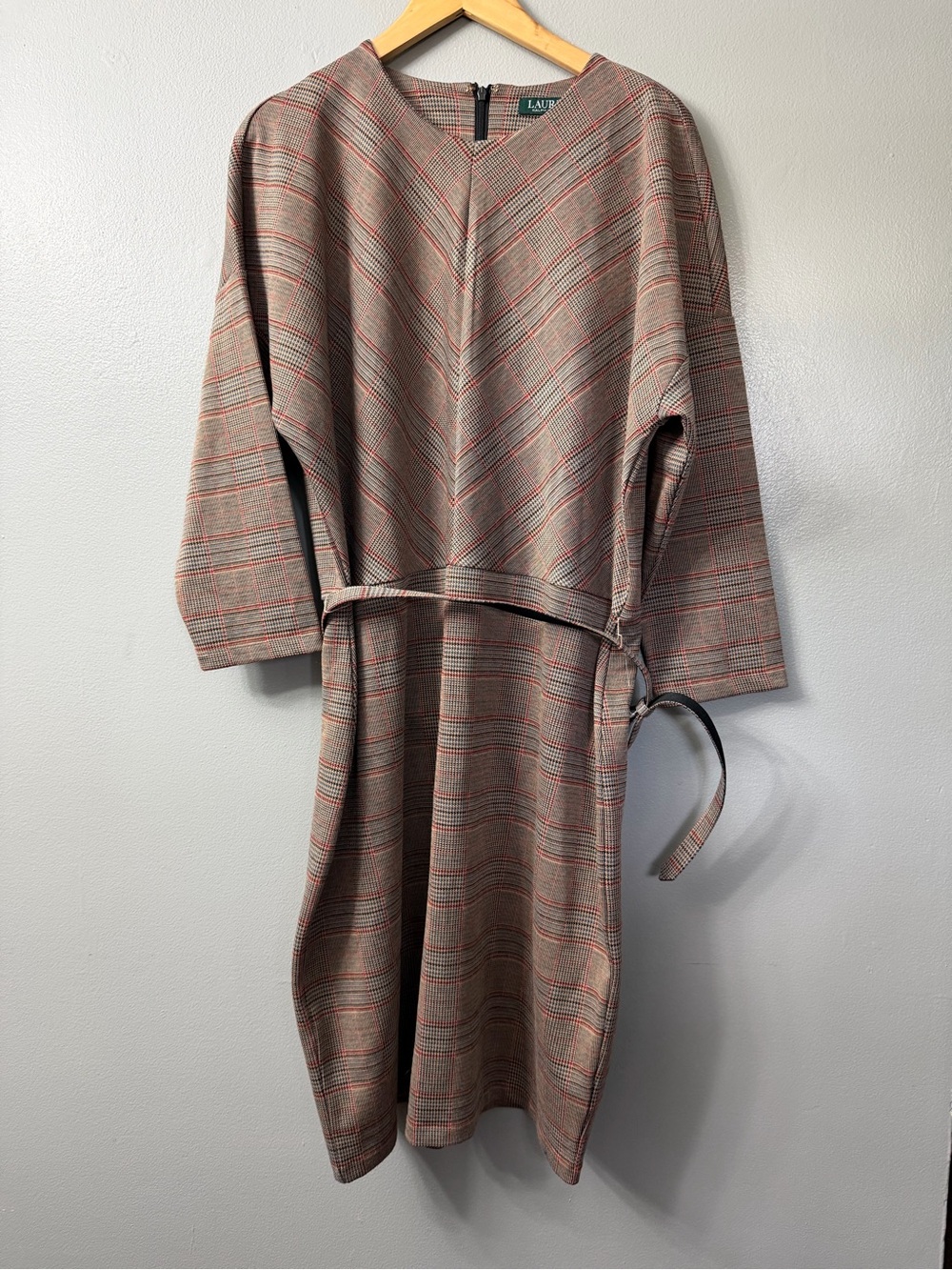 Lauren Ralph Lauren Brown Plaid Long Sleeve Midi Dress with Belt XXL NWT